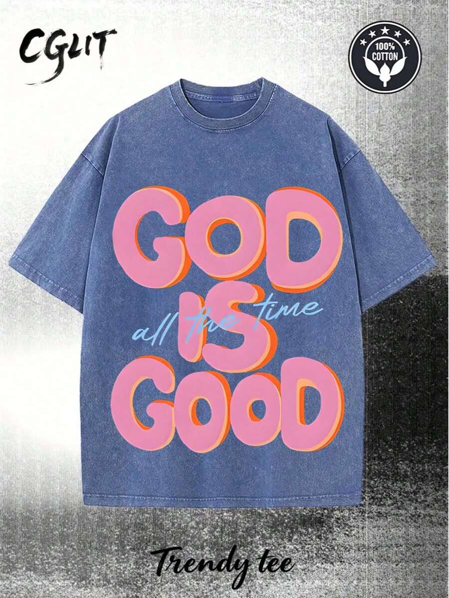 Men's God Is Good Distressed Graphic Tee, Oversized Crew Neck Short Sleeve Vintage Wash T-Shirt, Unisex Boyfriend Fit - 藍色 - 查看 1