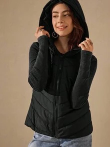 Wildy 女式无袖连帽绗缝棉衣大衣，秋冬保暖，女士深秋休闲口袋，拉链连帽修身黑色纯色女式棉衣大衣，冬季保暖/冬季时尚 - 黑色 - 查看 2