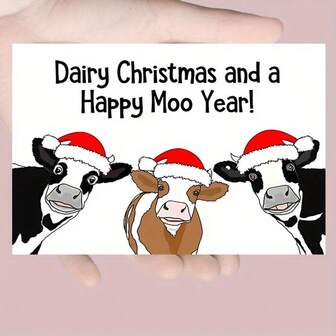 1pc Funny Cow Christmas Card With Envelope - Funny Farm Animal MOO Design & Happy Moo Year! Dairy Cow Theme, Red & White Farm Party Invitation For Husband, Wife, Family, Cow Lovers - Humorous Holiday Greeting Card Set With Matching Envelope, Festive Santa Hat Cow Design