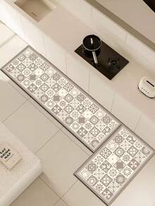 1pc Silica Gel Kitchen Mat, Vintage Mosaic Pattern, Gray & White Color Scheme, Composed Of Various Small Squares With Floral, Geometric Patterns, Classic Elegant Retro Style, Luxury Fashion Kitchen Carpet, Anti-Fatigue