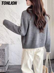 Tonlion 女式休闲复古风格撞色饰边领拉链开衫，秋冬