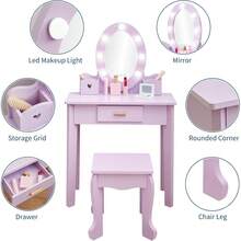 Tocador infantil con espejo, tocador con luces y silla, juego de tocador y silla de madera para niños de 4 a 9 años. - Morado - Ver 3
