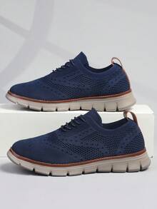 Plus Size Men's Shoes Size 48 Navy Blue Fashionable British Style Perforated Mesh Lace-Up Comfortable Casual Sneakers