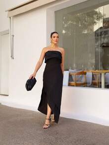 Women's Long Midi Satin Crepe Dress - Árbora Eminense. - 黑色 - 查看 3