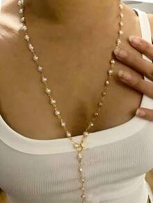 1pc Gold-Color Y-Shape Necklace With Faux Pearl For Party, Annual Meeting, Vacation Decorative Accessory - Multicolor - View 11