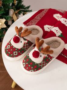 Pantuflas unisex lindas de reno navideño con suela gruesa y cálida, pantuflas de felpa para interiores/exteriores con estampados aleatorios, para otoño/invierno