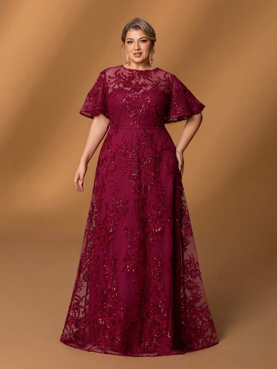 Faeriesty Mosy​ Elegant Plus Size Mother Of The Bride Dress: Round Neck, Ruffled Short Sleeves, A-Line Skirt. Perfect For Formal Weddings, Gala Dinners, Black-Tie Events, Opera Nights, Charity Balls
