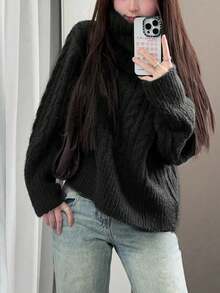 女式露肩套头毛衣，休闲宽松厚针织上衣，秋冬 - 黑色 - 查看 6