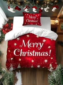 Set de huse de pilotă periate cu imprimeu digital, model de Crăciun cu brad de Crăciun, cadou, fulg de zăpadă, cerb, Moș Crăciun, 2/3 buc, moale și confortabil, potrivit pentru dormitor, cameră de oaspeți, cameră de jocuri, hotel, cămin școlar