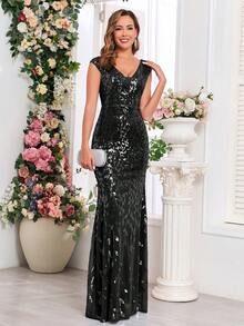High Quality Elastic Sequin Double V-Neck Cap Sleeves Sequin Mermaid Hem Evening Dress For Women,Formal Wedding Guest Gown Dress, For Graduation, Formal Dress,Dinner Party Dress
