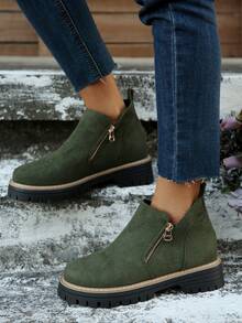 女士时尚休闲百搭纯色双拉链粗跟踝靴，适合所有季节，秋季，冬季，秋季，秋冬