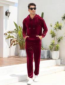 Mens 2 Piece Velour Hoodie Tracksuit Long Sleeve Velvet Hooded Pullover Casual Athletic Jogging Sweatsuit Set-2025 - 紅色 - 查看 7