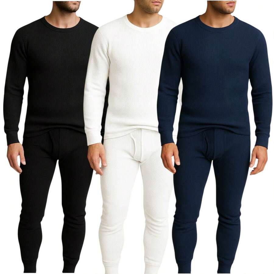 Men's 3 Pack Full Thermal Sets Ultra Soft 6 Piece Cotton Top And Bottom Set, Warm Cotton Long Johns, Winter Base Layer, Thermal Underwear For Men - 白色/黑色/海軍藍 - 查看 1