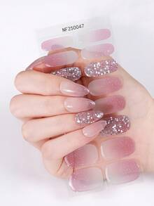 16片粉色半固化凝胶美甲贴纸，激光闪粉渐变自粘凝胶美甲贴，轻松美甲，沙龙品质，女士DIY美甲贴纸