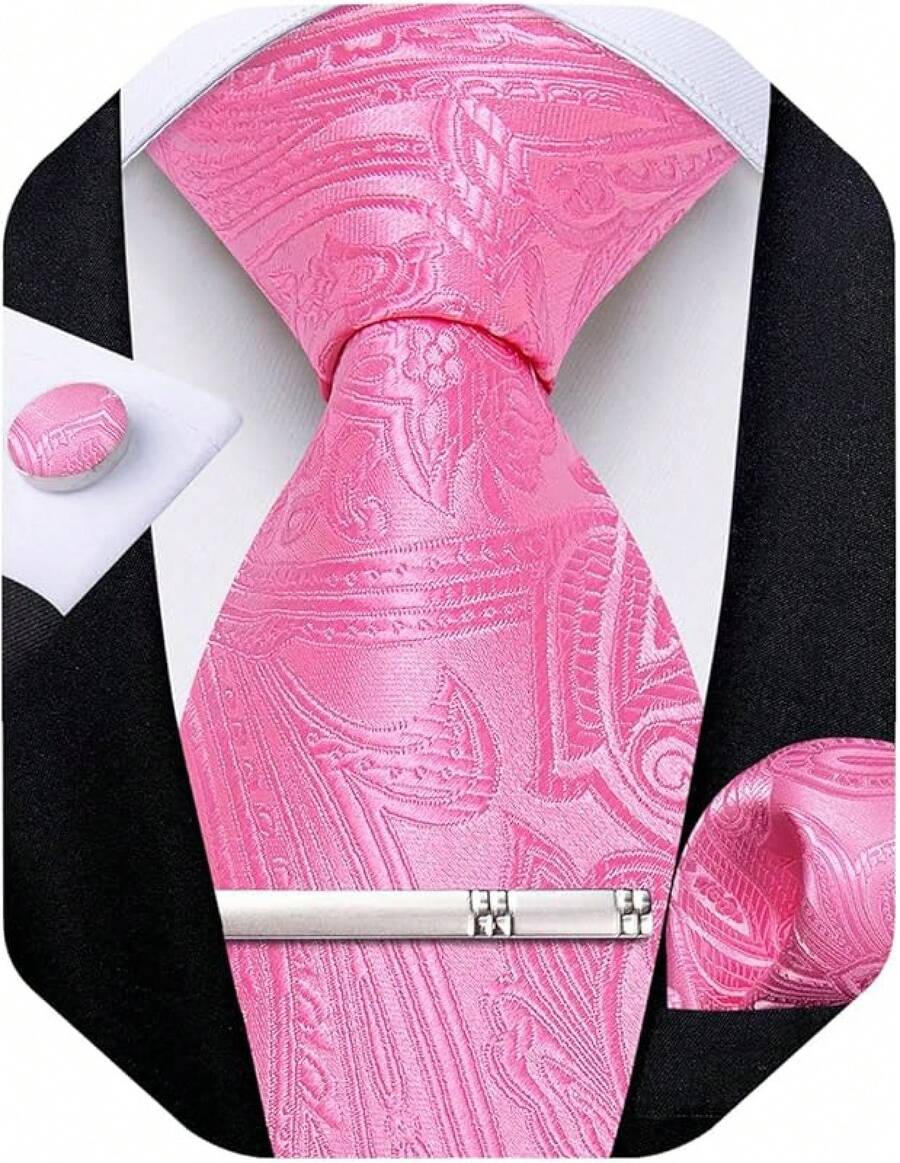 Conjunto de corbata de seda con estampado floral, incluye pinza de corbata, pañuelo y gemelos - Rosa - Ver 1