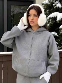 2 pezzi Set di felpa con cappuccio e pantaloni in vita elastica di colore unito, adatto per sci, attività all'aperto, ufficio, casual, primavera, autunno, inverno - fiore grigio - Visualizzare 2