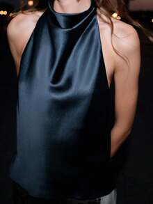 Women Satin Halter Tops Open Back Hidden Button Crop Tops Elegant Cowl Tank Tops Summer Sleeveless Loose Vests Solid Color Going Out Shirt Streetwear - 藏蓝色 - 查看 2