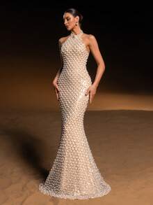 Faeriesty ​​ Glamour Elegant Faux Pearl Evening Gown With Halter-Neck High Collar | Sleeveless Slim Mermaid Dress Adorned With Densely Sparkling Faux Pearls For Wedding Ceremony, Luxury Party, High-Society Events​ For Women New Year Outfit Spring - Champagne - View 6