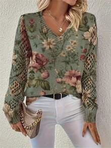 优雅花卉印花 V 领长袖毛衣，百搭波西米亚风格上衣，适合春、夏、秋、冬，时尚针织套头衫，适合办公室、街头、家居、旅行 - 綠色 - 查看 5