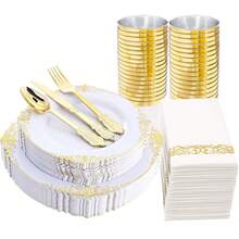 175pcs Black And Gold Plastic Plates - Black Gold Disposable Plates Include 25 Dinner Plates,25pcsDessert Plates,25 Knives,25 Forks,25 Spoons,25 Cup,25 Napkins For Wedding & Party - 白色 - 查看 12
