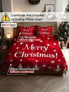 Set de huse de pilotă periate cu imprimeu digital, model de Crăciun cu brad de Crăciun, cadou, fulg de zăpadă, cerb, Moș Crăciun, 2/3 buc, moale și confortabil, potrivit pentru dormitor, cameră de oaspeți, cameră de jocuri, hotel, cămin școlar