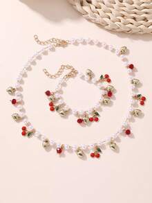 2 件套女孩甜美草莓樱桃仿珍珠串珠项链和手链首饰套装，适合日常、度假、派对、节日礼物