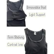 Camiseta de mujer de costilla con acolchado, top de entrenamiento de cuello cuadrado, top corto ajustado, camiseta básica de tirantes - Negro - Ver 7