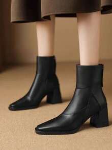 2024 Vintage French Style High Heels For Women, Chunky Heel, Pairs Well With Dresses,  Boots, Fashionable Winter Ankle Boots - Black - View 5