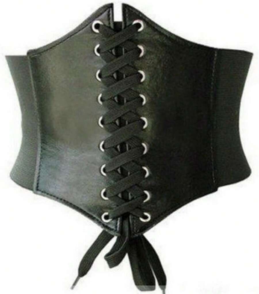 Waist Cincher Corset Wide Band Elastic Tied Waspie Belt Leather Soft Adjustable Black - 1 - 查看 1