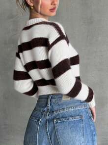 Sueter crop top sweater corto dama mujer casual manga larga cuello redondo tejido brilloso cómodo suave calientito moderno juvenil dia noche diario calle oficina aesthetic y2k estampado rayas rayado - Marrón Chocolate - Ver 2