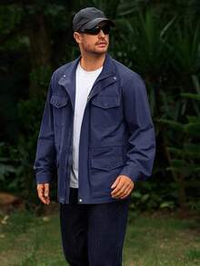 Chaqueta militar para hombre con cremallera completa y botones, chaqueta de campo con múltiples bolsillos, chaqueta cargo para exteriores, halloween - Marina de - Ver 9