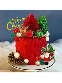 20pcs Christmas Cake Decorations, Merry Christmas Cake Toppers, Including Green And Red Faux Palm Leaf Fan And Gift Box Decorations, Mini Santa Claus And Reindeer, Red And Green Gold Foam Ball Cake Toppers, Suitable For Christmas Winter Holiday Cake Decorations, Christmas Themed Party Supplies, Babyshower Cake Decorations - Multicolor - View 3