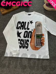 Y2k Long Sleeve Shirts ,CALL ON JESUS,Graphic T Shirt Cotton 250g,Fashionable Hip-Hop For Men -  Long Sleeve T-Shirts, Funny Vintage Shirts,Regular Fit, Street Style, Digital Print,  Ideal Gift - 白色 - 查看 1