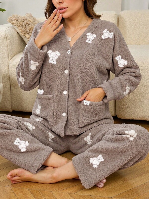 Warm Open Front Round Neck Fleece Fluffy Pajama Set, Cute Bear Pattern Casual Loungewear Set, Fall Winter Clothes