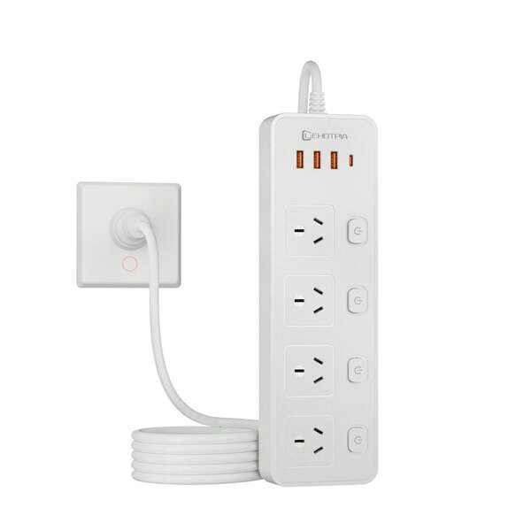 8-In-1 Australian Standard Power Strip, 1.8m Extension Cord With Independent Switch, 2500W, 4 AC Outlets, 3 USB Ports + 1 Type-C Port, Anti-Twist, Suitable For Living Room, Bedroom, Kitchen And More