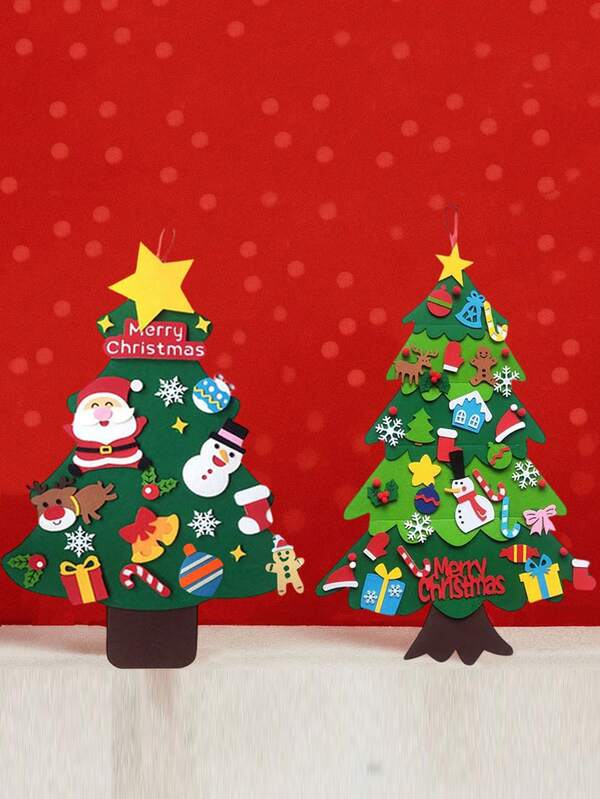 毛毡圣诞树DIY套装，可重复使用的毛毡树，易于操作，适合父母和孩子的3D壁挂圣诞工艺品套装，毛毡圣诞拉横幅，给父母和孩子的有趣礼物，有趣的圣诞树装饰，圣诞树