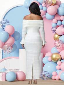 JustVH Maternity Off-Shoulder Textured Fabric Flare Sleeve Dress, Suitable For Baby Shower Party Photo Shoot - Beige - View 2