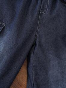 女童工装裤，时尚儿童宽松阔腿裤，女童休闲酷炫修身牛仔裤，大童牛仔长裤 - 深色水洗藍 - 查看 6