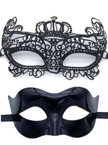 2 件黑色蕾丝和塑料情侣化妆舞会面具，适合男女参加化妆舞会、派对万圣节
