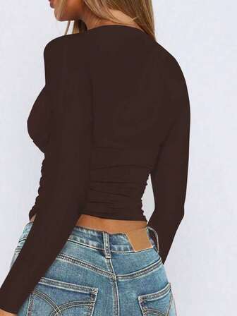 时尚性感V领紧身长袖打底衫，春夏新品