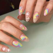 Wearable Medium And Long Rainbow Flower Yellow Star White Cloud Pointed Nail Sticker With Jelly Glue And Nail File - 彩色 - 查看 2