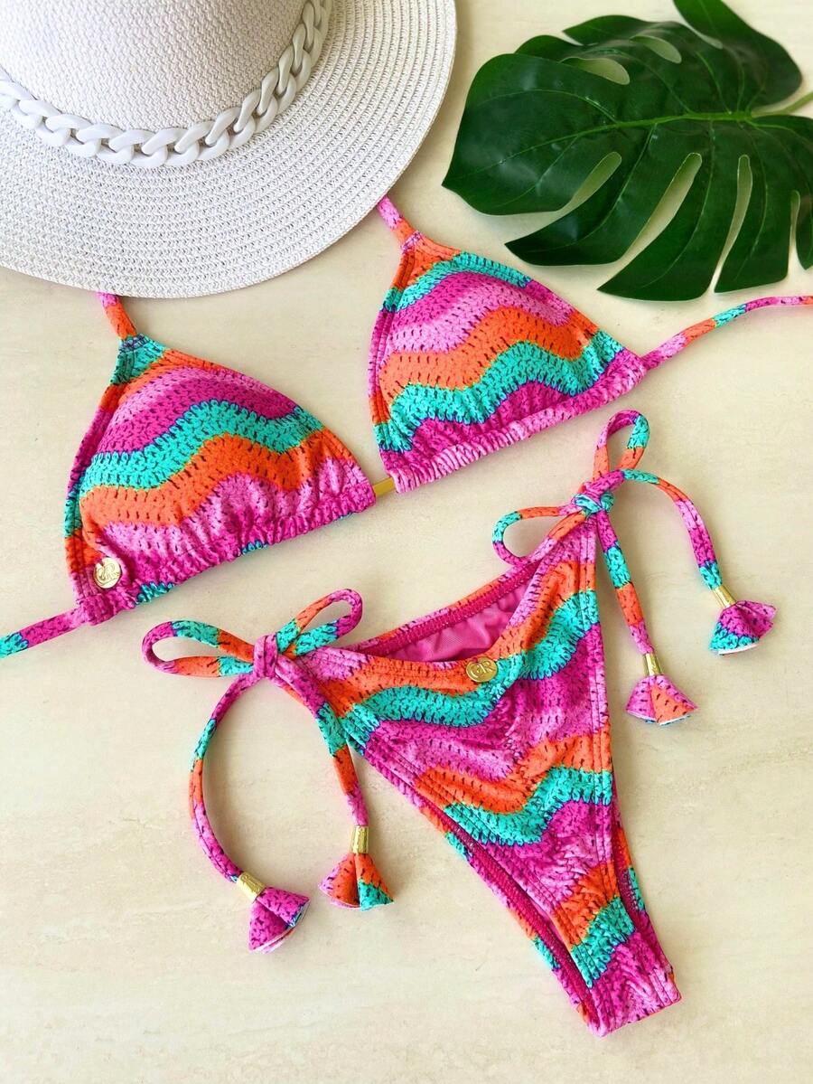 Ripple Triangle Bikini With Removable Padded Cups And Crochet In Pink - 彩色 - 查看 1