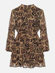 Leopard Print Flared Dress With Stand-Up Collar And Ruffles - Brown - View 6