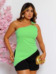 Women's One Shoulder Tank Top With Flower Buckle  Summer Fashion Stylish - 薄荷綠 - 查看 1