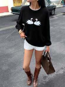 海军蓝天鹅图案女式套头衫，秋冬款 - 黑色 - 查看 5