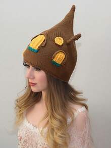 1 Piece Ladies' Hat Crochet Castle-Themed Hat With Yellow & Teal Accents, Brown Knitted Beanie For Cosplay & Winter Wear
