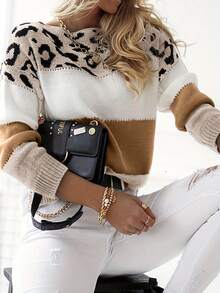 Women's Oversized Cute Colorblock Leopard Print Sweater, Casual Comfortable Ribbed Knit Crew Neck Long Sleeve Pullover Top - Multicolor - View 5