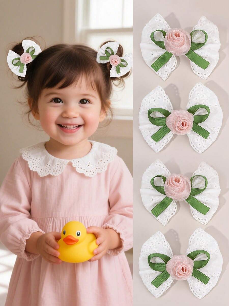 2pcs Pink Rose Hair Bows For Girls,Plain Bow Alligator Clips For Toddler Girls,White Bow Hairpins With Fully Lined,Casual Daily Barrettes Kids Baby Hair Accessories