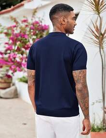Men's Zipper Polo Shirt Casual Knit Short Sleeve Polo T Shirt Classic Fit Shirts - 純色-海軍藍 - 查看 4