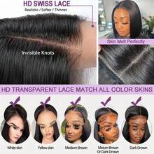 Put On And Go Glueless Wigs Human Blend Hair Wig 5x5 Pre-Cut HD Lace Front Wig And 13*4 Lace Front Wig Ready To Go 200% Density Black Long Straight Wig - Pre Bleached Knots & Natural Hairline- No Glue Needed For Instant Wear - Natural & Black - View 5